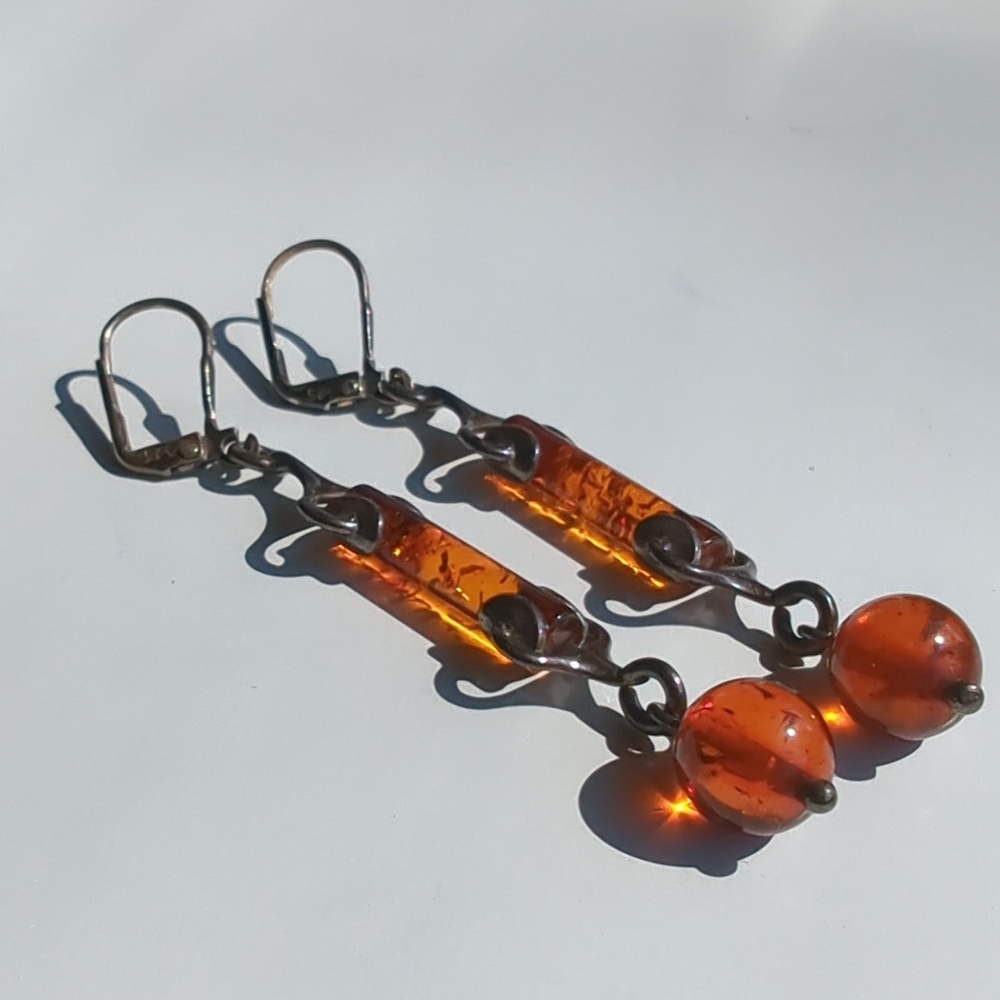 Vintage Amber 925 Sterling Silver Drop/Dangle Earrings